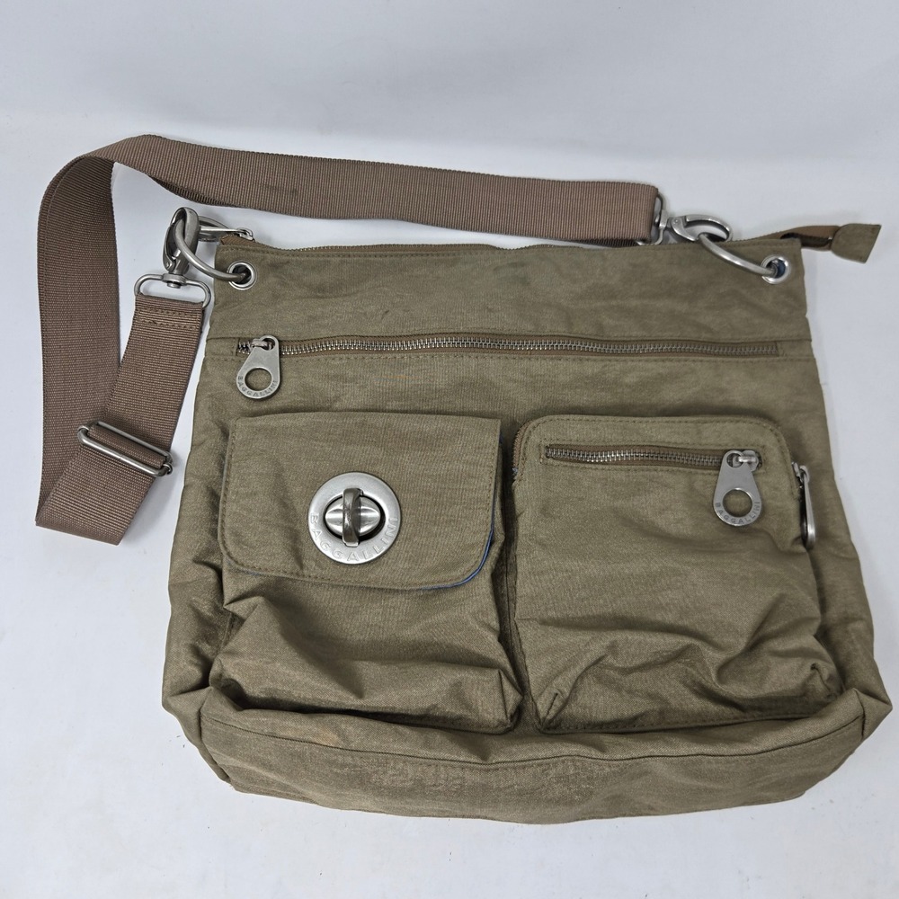 Baggallini Crossbody Bag Khaki Olive Nylon Travel Purse Blue Lining Multi Pocket